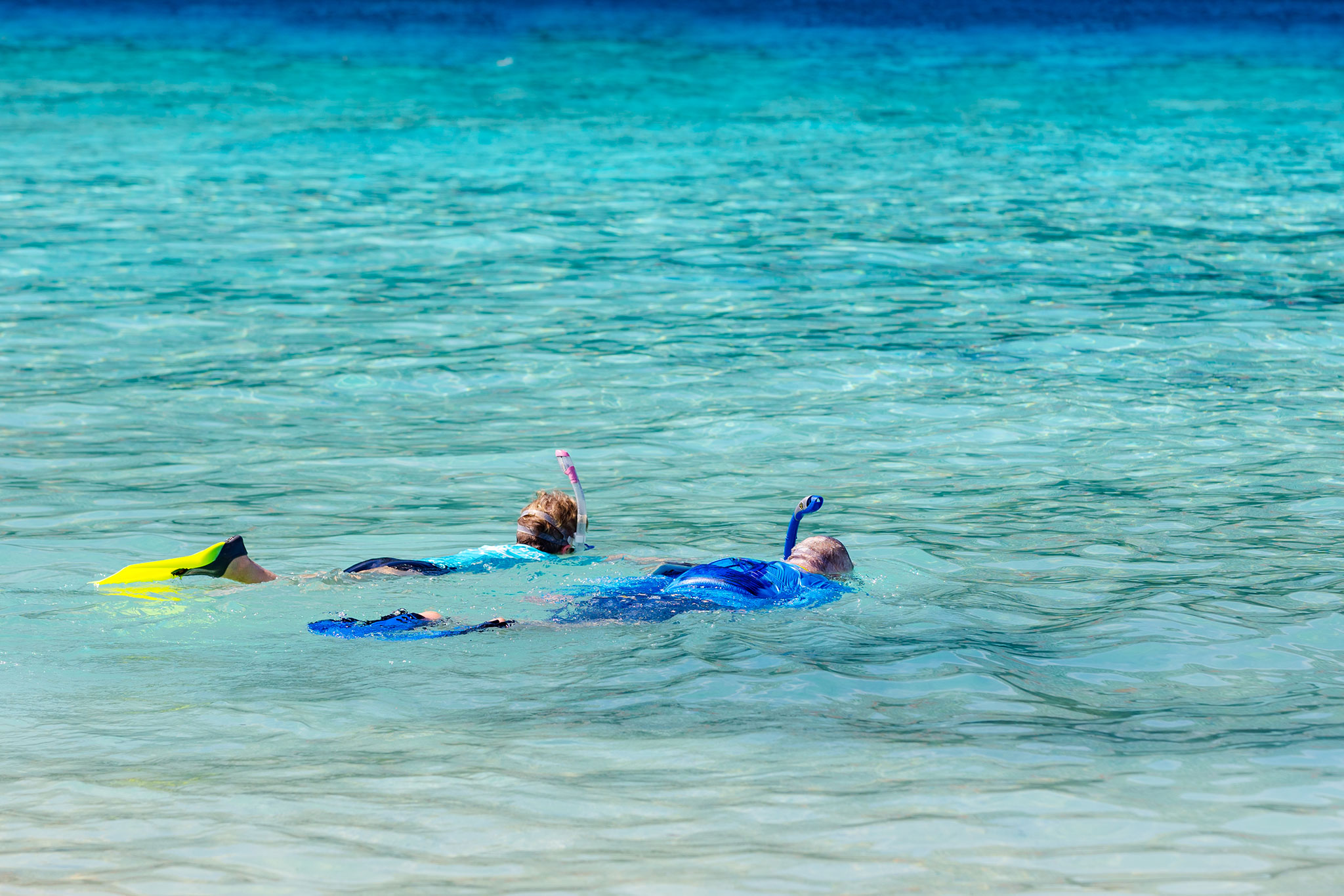 Two people snorkeling in clear turquoise water, with one person wearing yellow fins and the other person wearing blue fins, both partially submerged