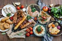 Overhead view of a delicious spread of food